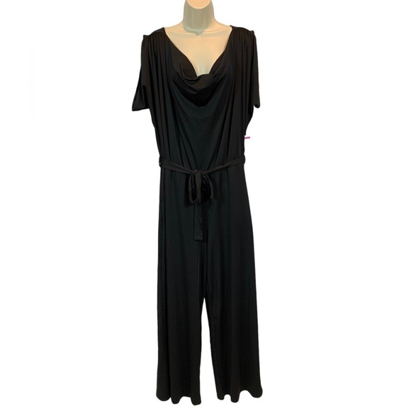 Love By Design Cap Sleeve Cowl Neck Tie Waist Jumpsuit - Black - size 1X - Picture 1 of 8